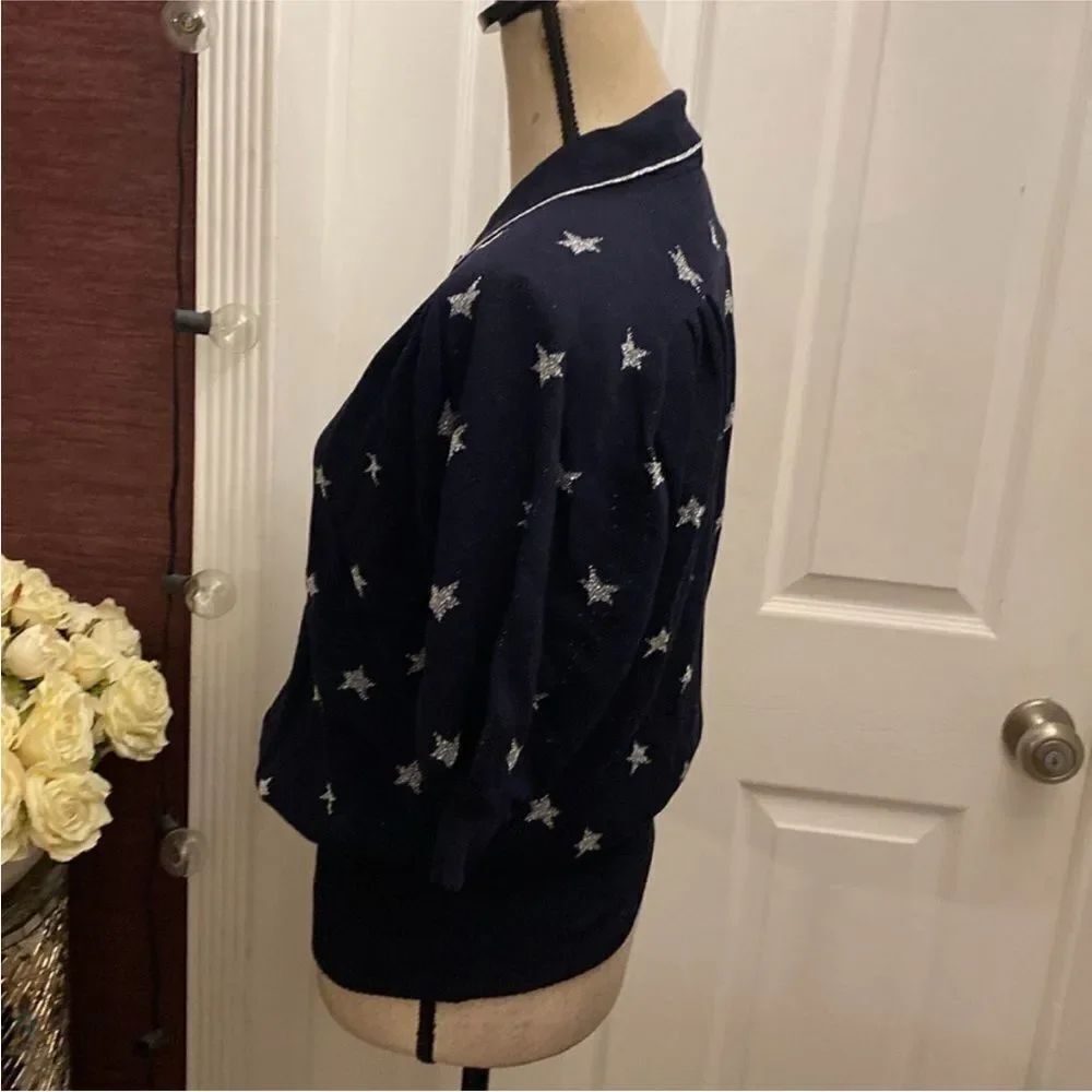 Mila Schon Navy Star Pattern Button Down  knit polo Shirt, S - Picture 6 of 12